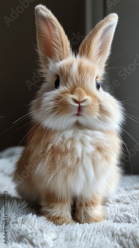 Cute fluffy rabbit sitting in a sunlit meadow surrounded by autumn leaves in ...