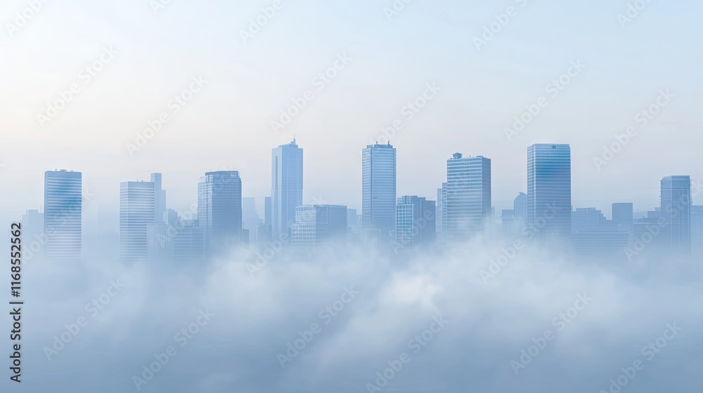 Obraz premium A city skyline shrouded in mist, creating a serene and ethereal atmosphere.