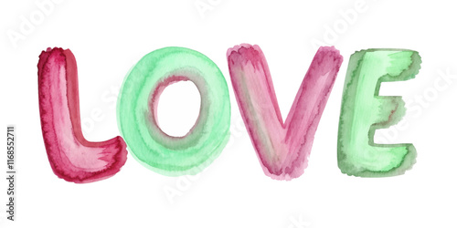 Colorful watercolor letters, artistic love design, vibrant hues, romantic theme, decorative wall art.