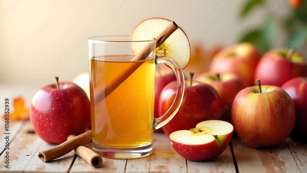 A glass of freshly pressed apple cider surrounded by apples on a rustic wooden table A glass of freshly pressed apple cider surrounded by apples on a rustic wooden table