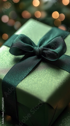 Gift box wrapped in teal paper with a satin bow on a solid background