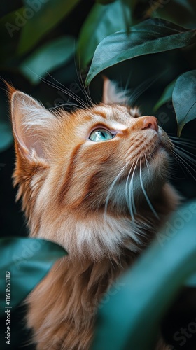 Majestic ginger cat exploring lush green foliage in a serene setting