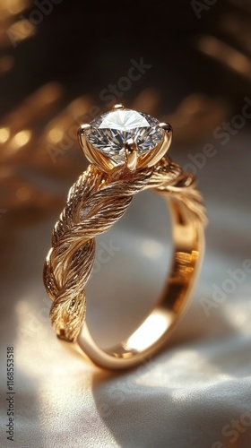Elegant gold ring with a diamond centerpiece on a soft background in a luxury...