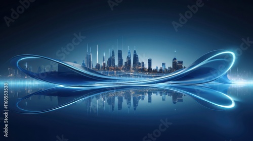 Futuristic city skyline reflected in water with glowing abstract shapes.