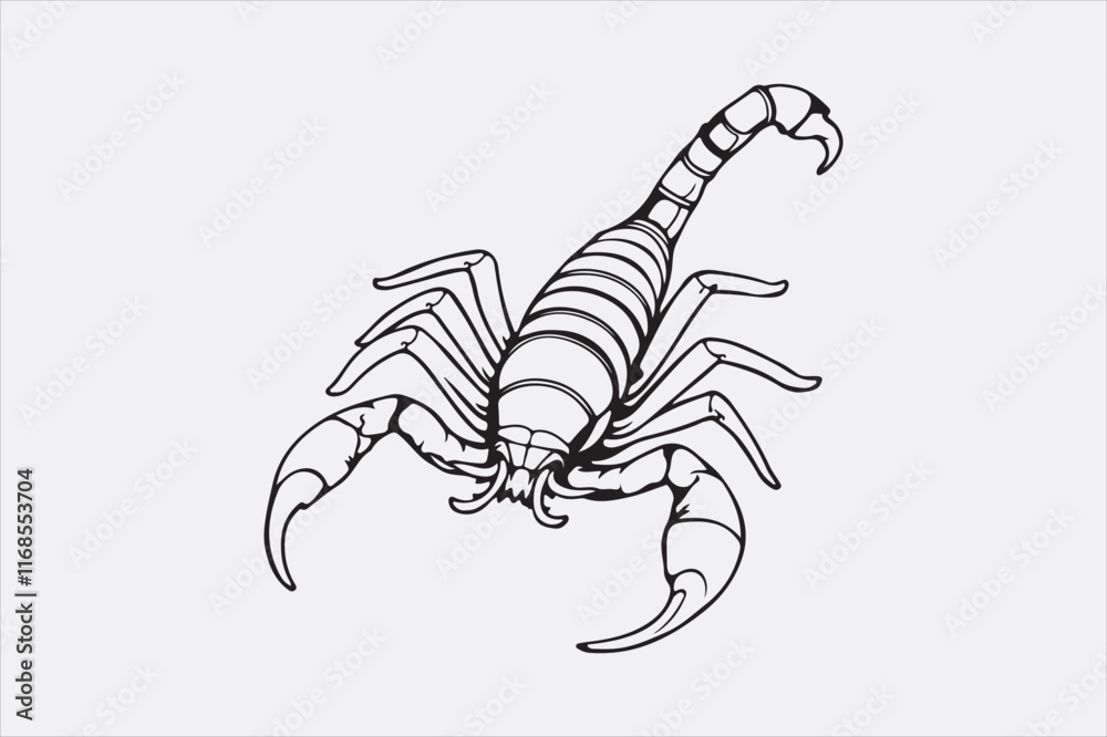 A black and white line drawing of a scorpion with a detailed depiction. A black and white line drawing of a scorpion with a detailed depiction.
