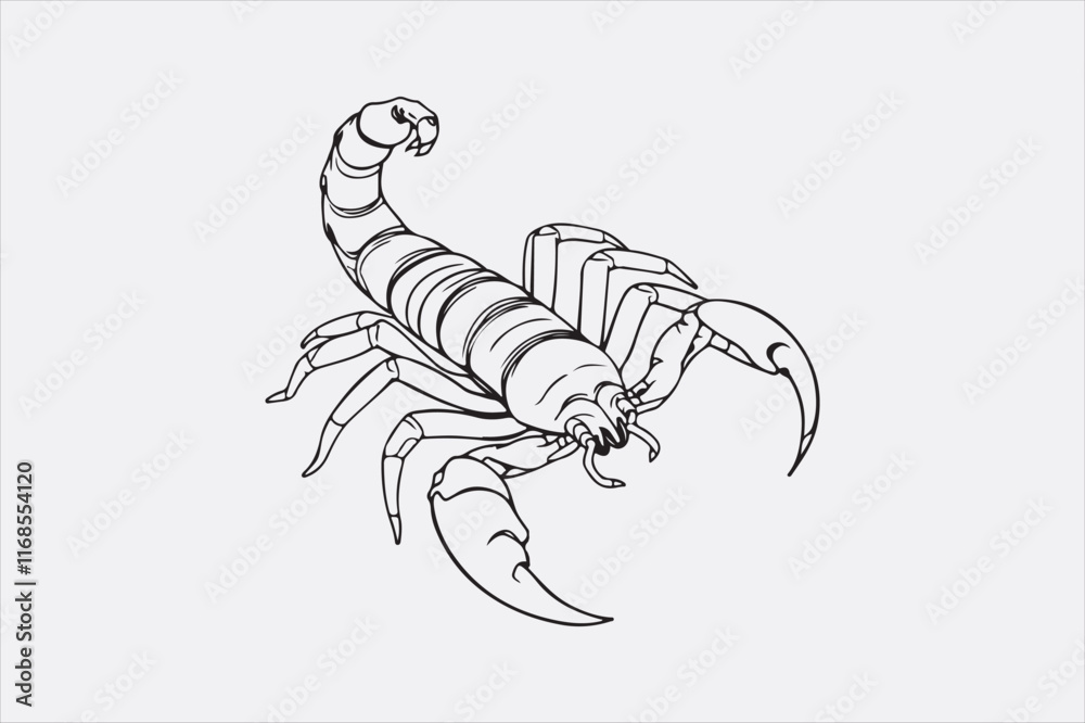 A black and white line drawing of a scorpion with a detailed depiction. A black and white line drawing of a scorpion with a detailed depiction.