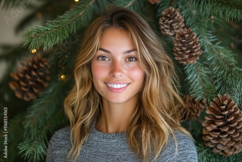 Pinecones nestled in evergreen branches create a natural wreath for holiday d...