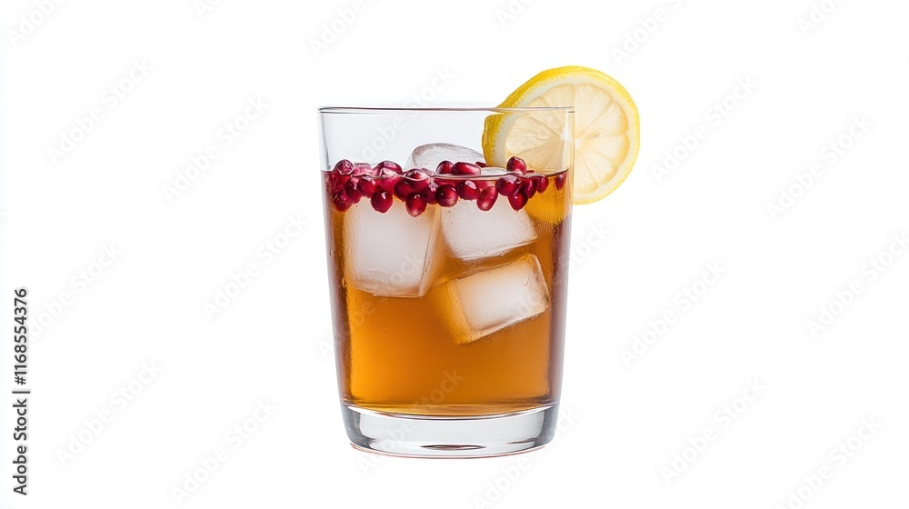 A refreshing drink with ice, pomegranate, and a lemon slice. A refreshing drink with ice, pomegranate, and a lemon slice.