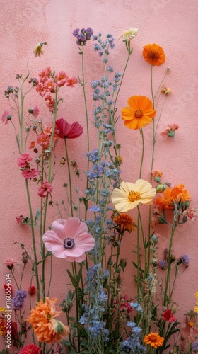 Colorful wildflowers against a soft pink wall creating a vibrant floral display