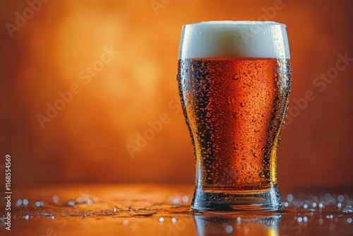 Chilled amber beer in a glass with bubbles against a warm orange background