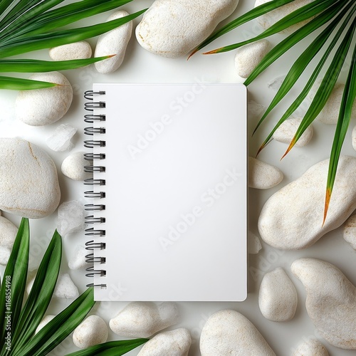Blank notebook surrounded by green leaves and smooth stones on a tranquil sur...
