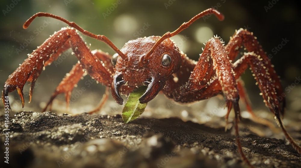 Close-up of a large red ant carrying a leaf. Close-up of a large red ant carrying a leaf.