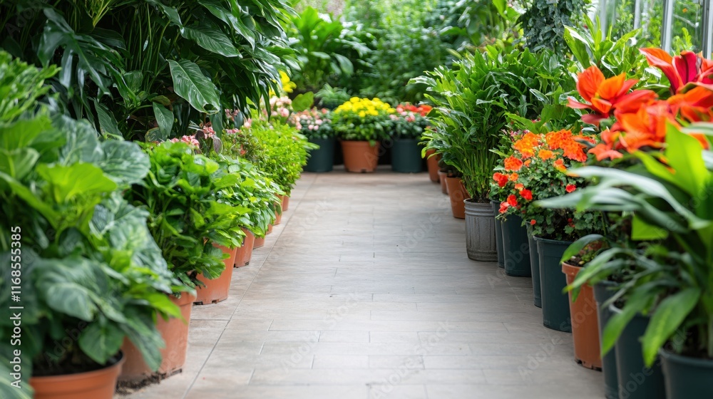 Naklejka premium Serene Indoor Garden Pathway Surrounded by Vibrant Potted Plants and Flowers