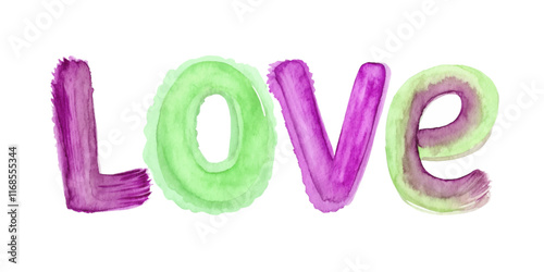 Colorful watercolor letters, vibrant love theme, artistic design, expressive typography, decorative wall art.