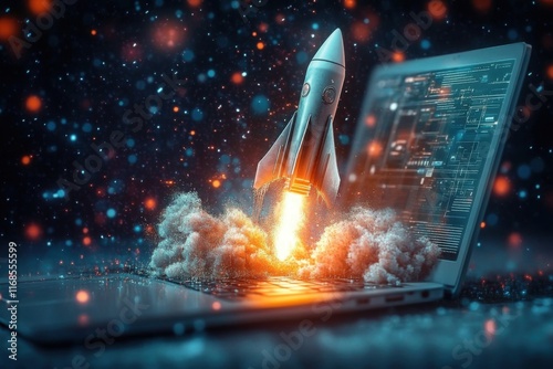 A dynamic abstract technology background depicts a rocket dramatically breaking through a laptop screen- symbolizing rapid advancement and integration of technology into our daily lives- as well as li photo