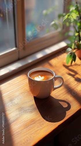 Warm coffee cup resting on wooden table by the window in cozy cafe setting