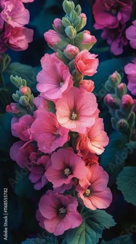 Beautiful pink flowers blooming among lush green leaves in a serene garden se...