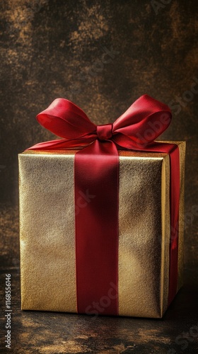Golden gift box with red bow on a dark surface for special occasions