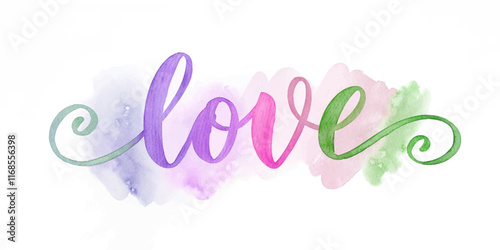 Colorful watercolor love, artistic lettering, soft pastel hues, romantic design, perfect for greeting cards.