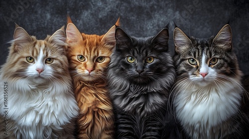 Wallpaper Mural Four norwegian forest cats posing together on dark background Torontodigital.ca