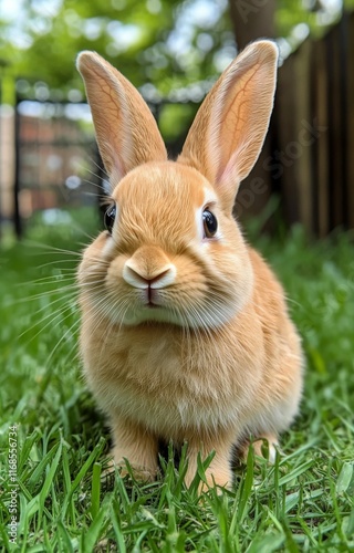 Cute rabbit exploring the green grass in a sunny outdoor setting