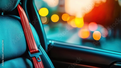 Car interior with a focus on a seatbelt and a blurred city background at sunset. photo