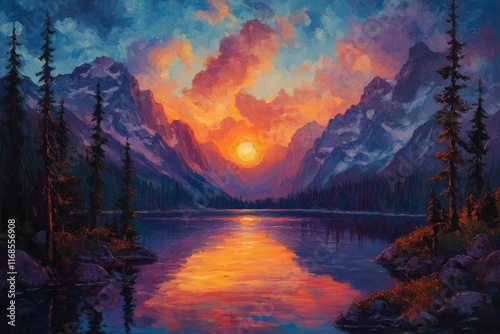 Stunning sunset over rugged mountains with dramatic clouds in serene desert l...