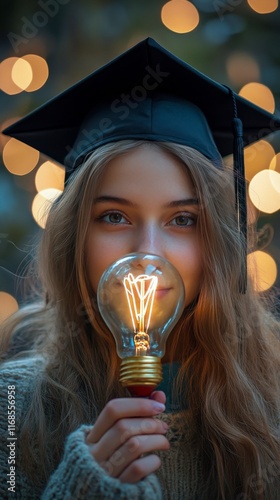 Graduation celebration with a girl holding a light bulb symbolizing bright fu...