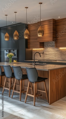 Elegant modern kitchen with wooden accents and stylish pendant lighting in a ...