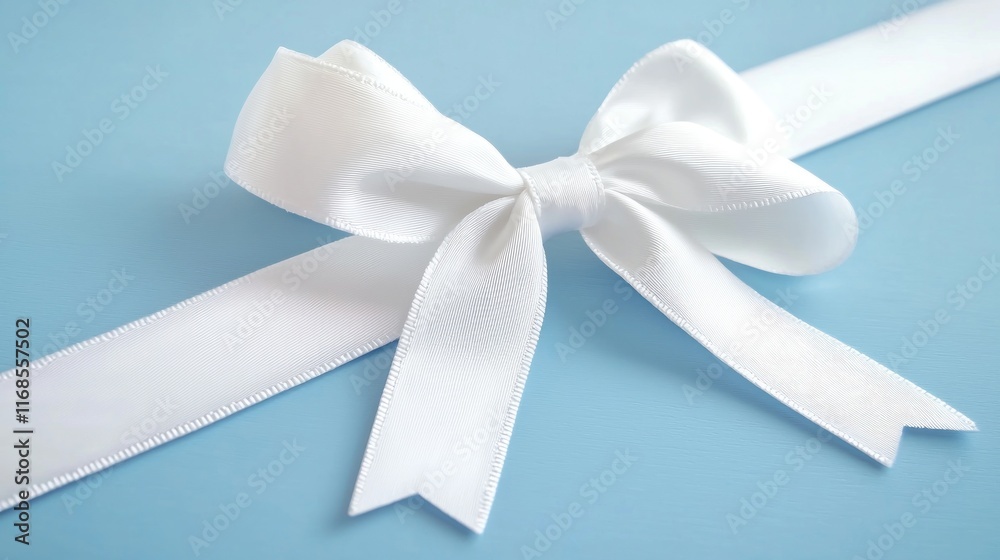 A white ribbon bow placed on a light blue background. A white ribbon bow placed on a light blue background.