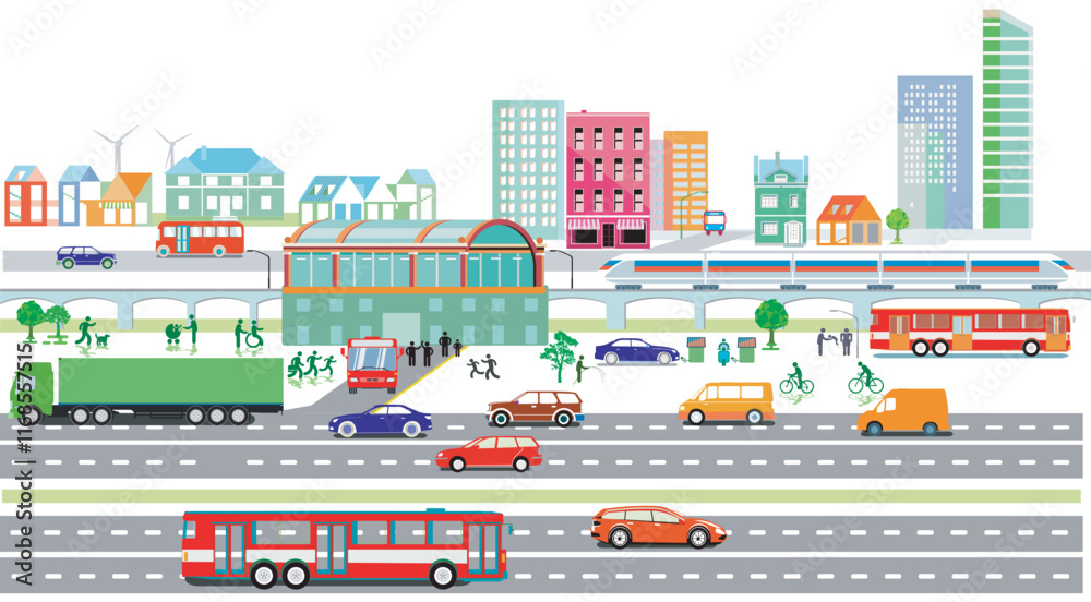 Obraz premium Stadtübersicht mit Verkehr und Häusern, Information illustration-.eps