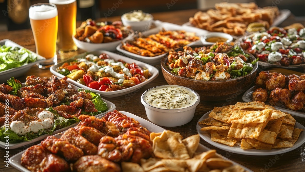 A table filled with delicious snacks: small plates with various salads and pizza slices, small glasses filled with beer or wine, a bowl of ravioli pasta on the side, surrounded by other dishes A table filled with delicious snacks: small plates with various salads and pizza slices, small glasses filled with beer or wine, a bowl of ravioli pasta on the side, surrounded by other dishes