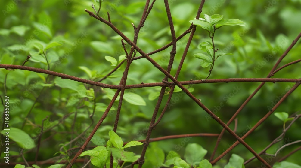 Intertwined Branches and Green Leaves in a Lush Natural Setting