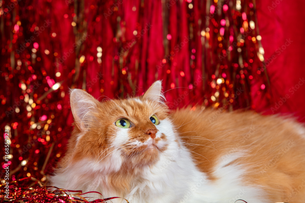 Cute red and white cat lying on red Christmas glitter tinsel decoration