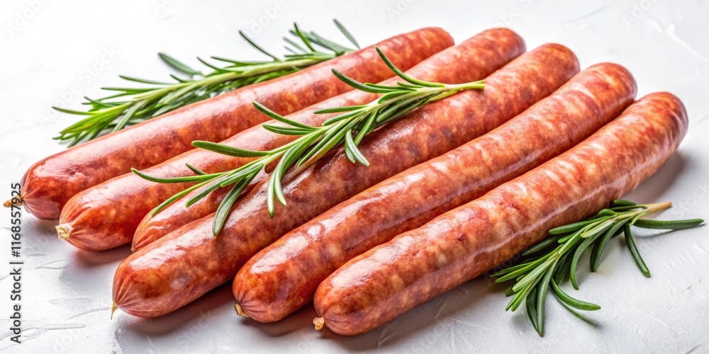 Fresh Raw Sausages & Rosemary Sprigs: Top View Isolated on White Background Fresh Raw Sausages & Rosemary Sprigs: Top View Isolated on White Background