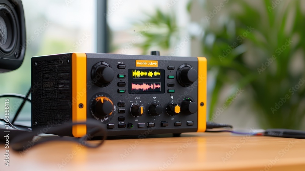 Fototapeta premium Modern audio interface with colorful display and dials on wooden table.