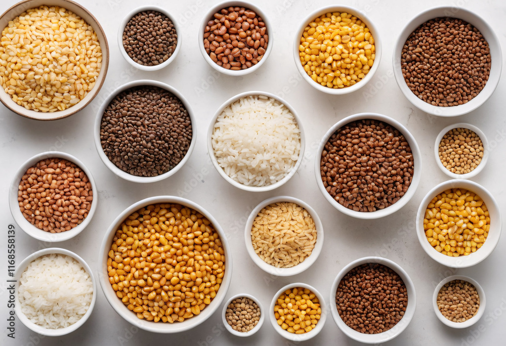 Variety of Grains and Legumes in Bowls Displayed Over 