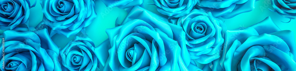 Blue floral background from artificial roses flowers. Horizontal banner
