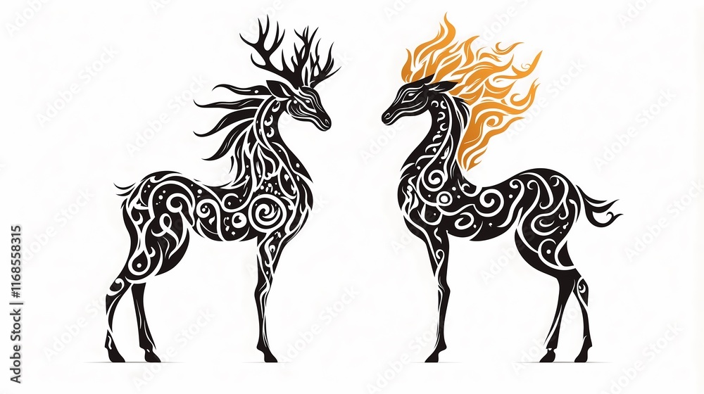 Fototapeta premium Flaming Elegance: Dual Deer in Abstract Harmony