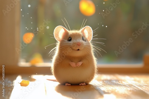 Cute brown mouse with big ears and bright eyes poses on wooden background