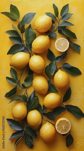Fresh lemons arranged on a bright yellow surface with green leaves and a slic...