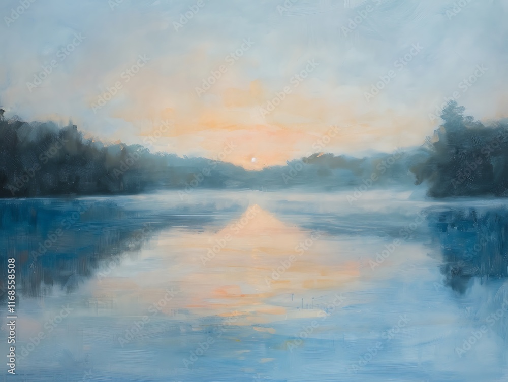 sunrise over tranquil lake with soft mist in distance sunrise over tranquil lake with soft mist in distance