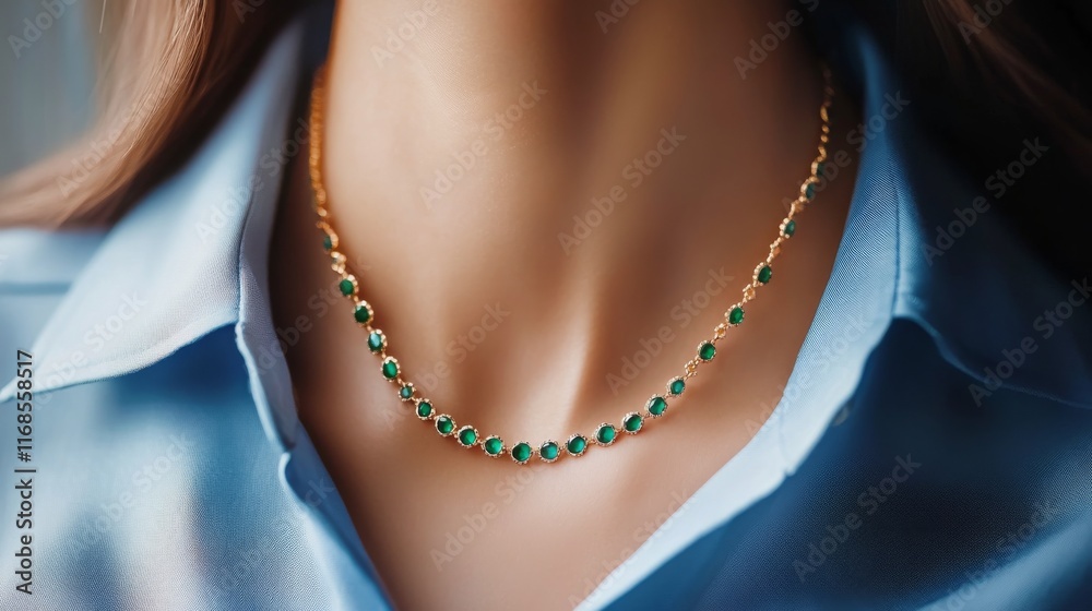 Elegant gold necklace with green gemstones showcased on a person wearing a light blue shirt Elegant gold necklace with green gemstones showcased on a person wearing a light blue shirt