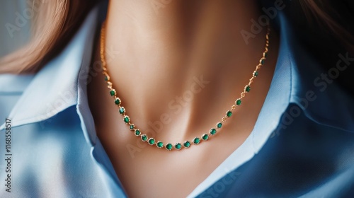 Elegant gold necklace with green gemstones showcased on a person wearing a li...