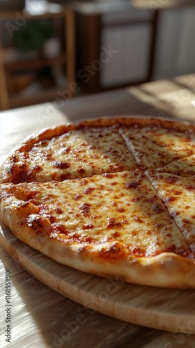 Delicious cheese pizza on wooden board in cozy kitchen with warm lighting and...