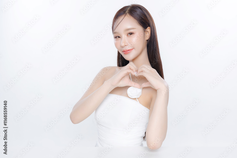 Young Asian woman long hair with clean fresh skin Korean makeup show love sign on white background, Female model Face care, Facial treatment, Cosmetology, beauty and spa, Asian women portrait. Young Asian woman long hair with clean fresh skin Korean makeup show love sign on white background, Female model Face care, Facial treatment, Cosmetology, beauty and spa, Asian women portrait.