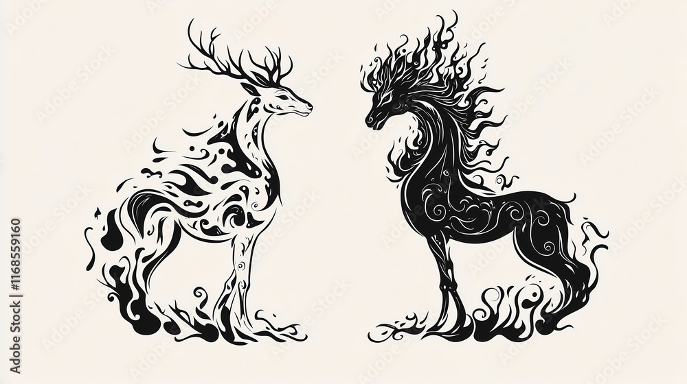 Flaming Elegance: Dual Deer in Abstract Harmony Flaming Elegance: Dual Deer in Abstract Harmony