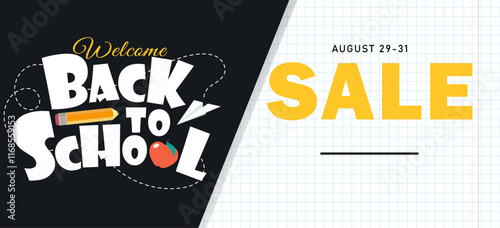 Back to school sale banner design template. Welcome back to school background. Flat style vector illustration for retail marketing promotion. Trendy school shopping concept with lettering