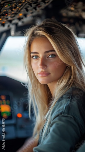 Beautiful pilot in cockpit preparing for flight with a stunning view outside