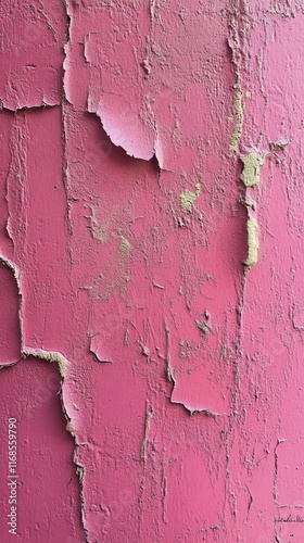 Peeling pink paint revealing texture on a wall in an urban setting